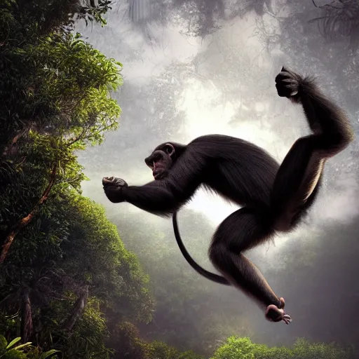 Image similar to Angry Chimpanzee Jumping, Epic Jump, Cinematic Photo, Cinematic Shot, Jungle, Foliage Boris Vallejo, Epic, 8k resolution, ArtStation, Hyperrealistic