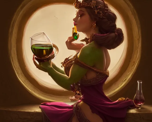 Image similar to photography of princess frog drinking wine, d & d, fantasy, intricate, elegant, highly detailed, digital painting, artstation, concept art, matte, sharp focus, illustration, hearthstone, art by artgerm and greg rutkowski and alphonse mucha