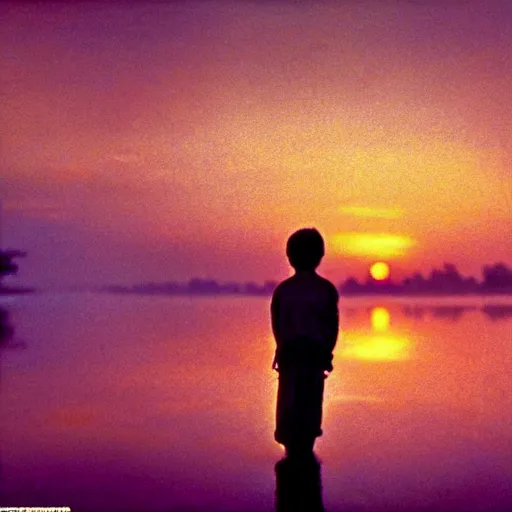 Image similar to Movie scene photography of a 10 years old boy playing in the dirty swamp, by tarkovsky, wong kar wai photography, sunset, monet pastel ambient