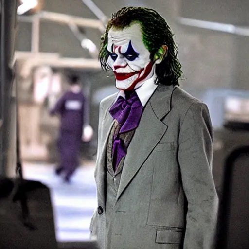 Image similar to Willem Dafoe as The Joker, film set photos