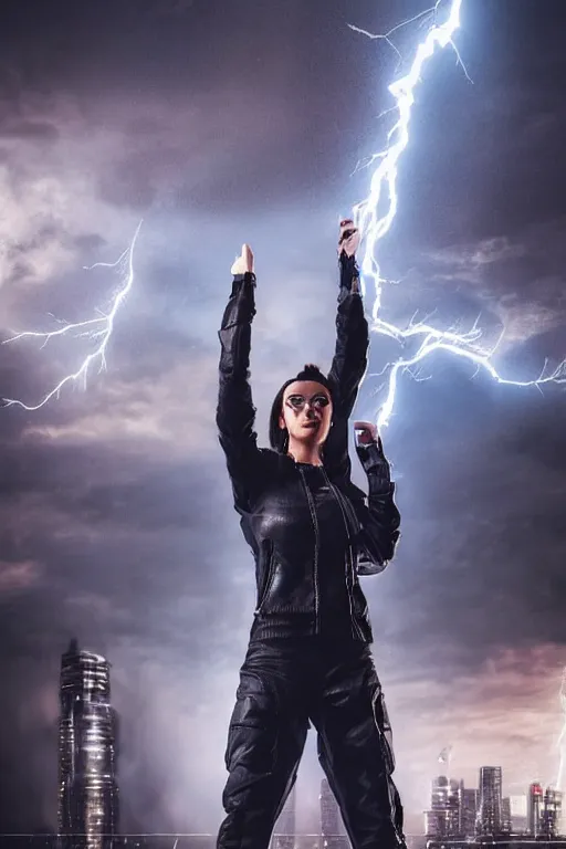 Prompt: woman with lightning in his hands flying several meters above the ground with his arms crossed and with a long jacket, cyberpunk, realistic, high definition, many details, symmetrical face, realistic eyes, unreal engine art 5