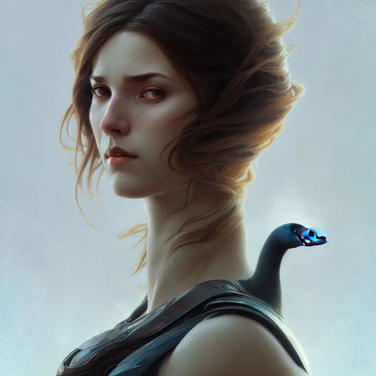 Image similar to anthromorphic goose girl portrait, sci - fi face, elegant, highly detailed, digital painting, artstation, concept art, smooth, sharp focus, illustration, art by artgerm and greg rutkowski and alphonse mucha