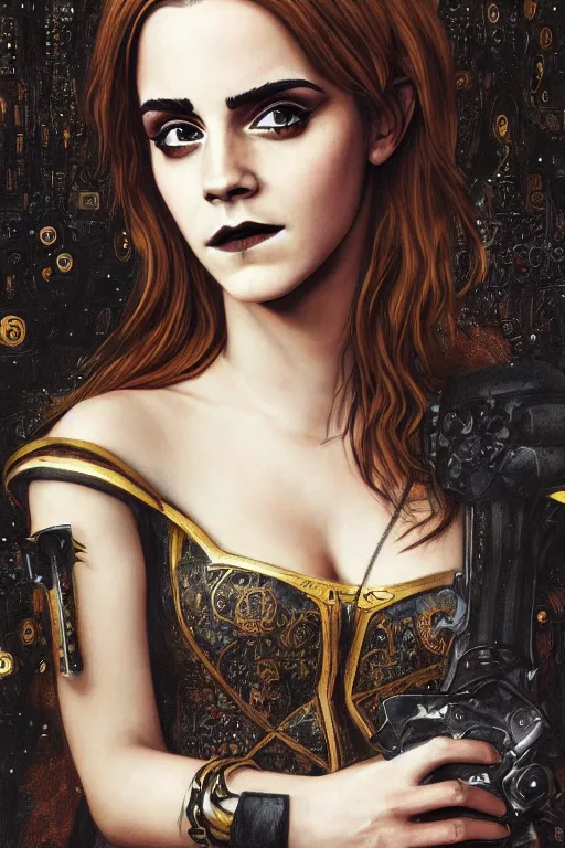 Image similar to portrait of beautiful gothic Emma Watson, cyberpunk, Warhammer, highly detailed, artstation, illustration, art by Gustav Klimt