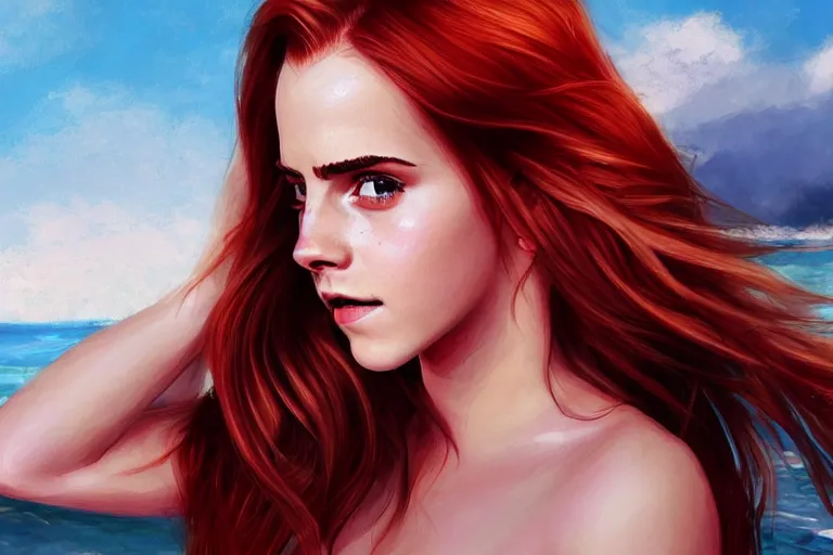 Prompt: Red-haired beauty Emma Watson in a bikini, highly detailed, mid-shot ,pixiv , digital painting , concept art