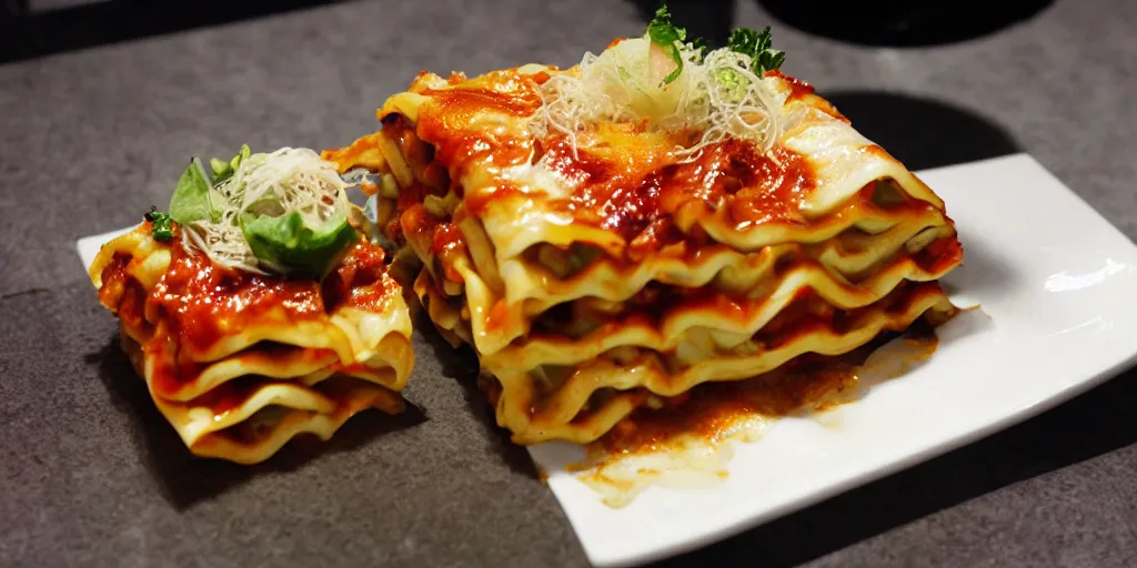 Prompt: japanese fusion cuisine, yakitori lasagna