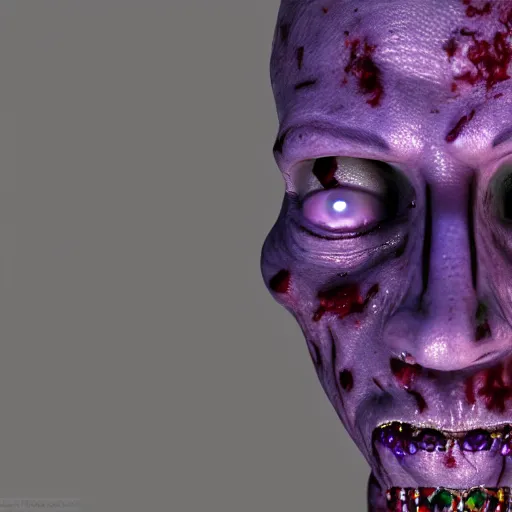 Image similar to zombified purple human with jewels in his skin. portrait by blinx. 4 k octane render.