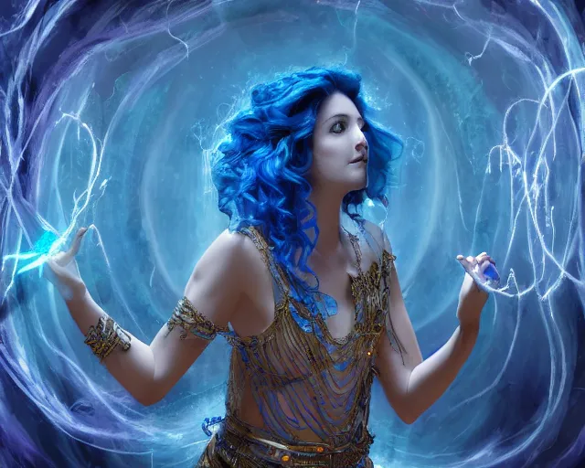 Image similar to blue haired female god casting a spell using sigils and floating runes, flowing robes, in a cave with glowing crystals on the walls, electric vines flowing from hands, fantasy, cinematic composition, dramatic lighting, detailed painting, 8 k,