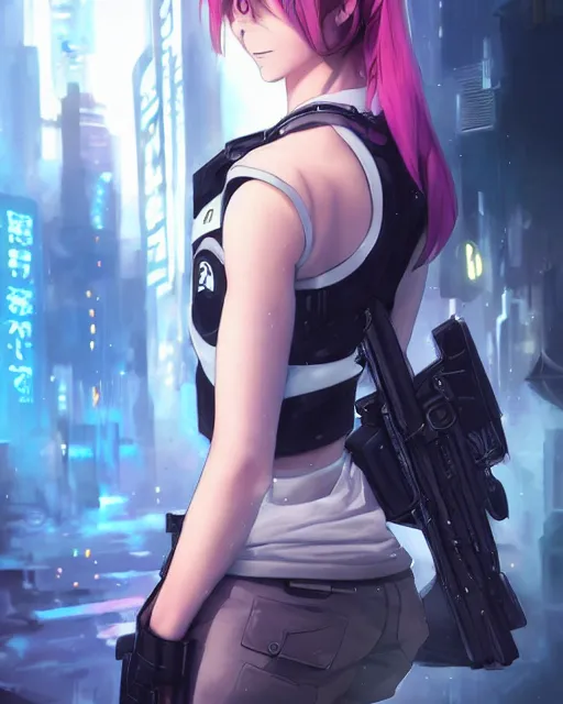 Image similar to nami, anime key visual of a young female swat officer, neon, cyberpunk, futuristic, white top, black vest, stunning, highly detailed, digital painting, smooth, soft focus, illustration, 4 k digital art from artstation by artgerm and greg rutkowski and alphonse mucha