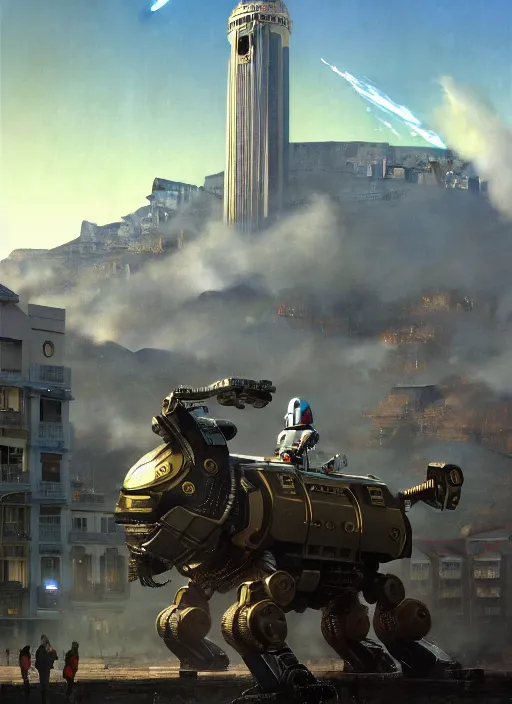 Prompt: hyper realistic robot attacking cape town city,. poster painted by light and magic by wizards of the coast norman rockwell, james gurney and greg rutkowski weta studio, and lucasfilm and best of artstation