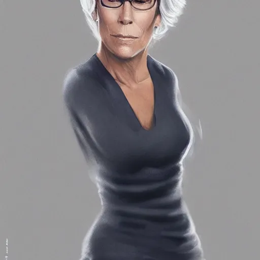 Prompt: jamie lee curtis, full body, tired, serious, intelligent, powerful, white hair, fully clothed, wise, beautiful, by stanley artgerm, soft lighting, trending on artstation, flat colour