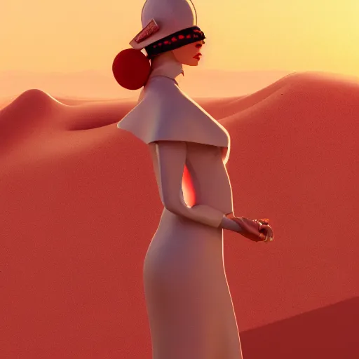 Image similar to innovative avant-garde art, deco fashion, british women, wearing pink, highly detailed, photorealistic portrait, serene desert setting, golden hour, crisp quality and light reflections, unreal engine 5 quality render