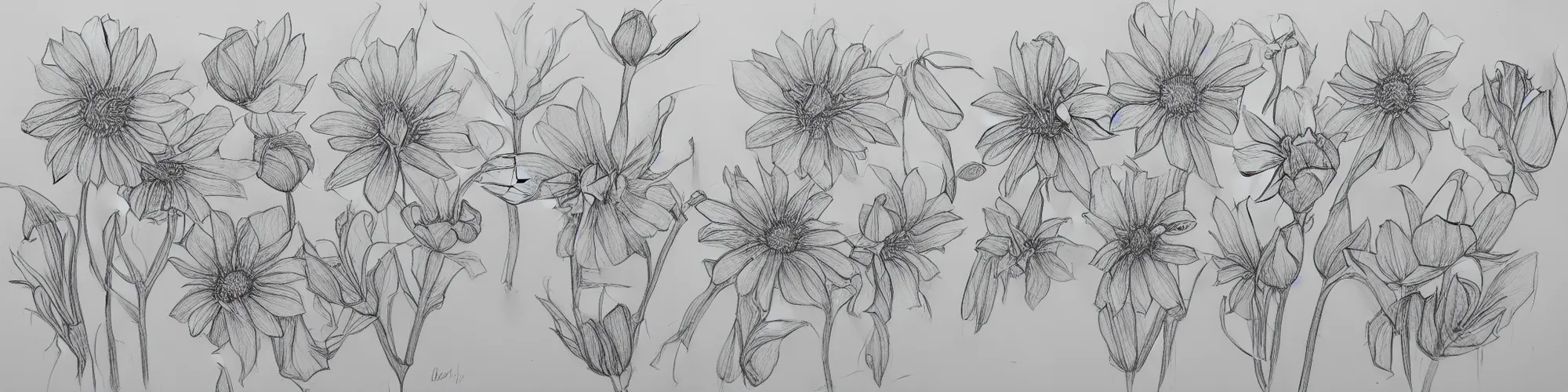 Image similar to excellent flower in various stages of life, line drawing, pencil