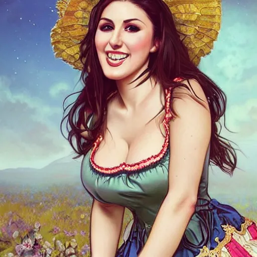 Prompt: portrait of Lucy Pinder in a dirndl, looking at camera, D&D, intricate, elegant, stylish, cute smile, mouth slightly open, fantasy, extremely detailed, digital painting, artstation, concept art, smooth, sharp focus, illustration, stunning lighting, art by artgerm and greg rutkowski and alphonse mucha and simon stalenhag.