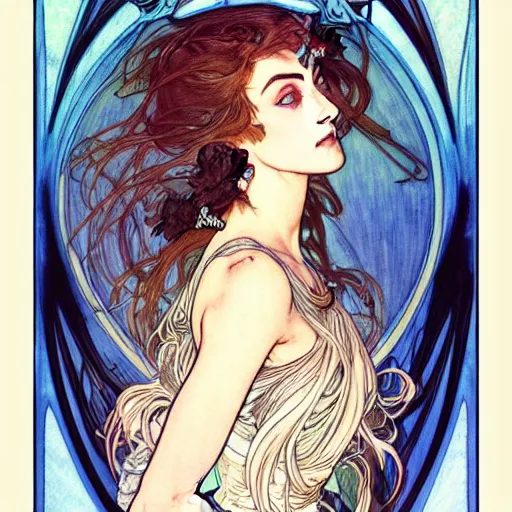 Image similar to in the style of artgerm, arthur rackham, alphonse mucha, phoebe tonkin, symmetrical eyes, symmetrical face, flowing blue skirt, hair blowing, intricate filagree, hidden hands, warm colors, cool offset colors