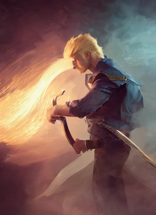 Image similar to side profile of a man with blonde hair in a blue suit wielding a large sword and a gun in a holster, fantasy, digital painting, volumetric light, intricate, sharp, focus, bloom, illustration, highly detailed, concept art, matte, ruan jia, randy vargas, greg rutkowski