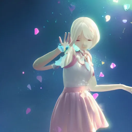 Image similar to A beautiful portrait of a magical girl from the rainbow sky paradise in the process of transforming into her magical girl outfit, character design by Goro Fujita, very beautiful background by Makoto Shinkai, Pixiv 3DCG, Daz Studio