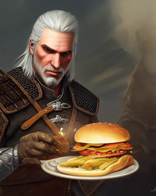 Image similar to portrait of geralt of rivia preparing to eat a hamburger, fantasy, intricate, elegant, highly detailed, digital painting, artstation, concept art, smooth, sharp focus, illustration, by artgerm and greg rutkowski