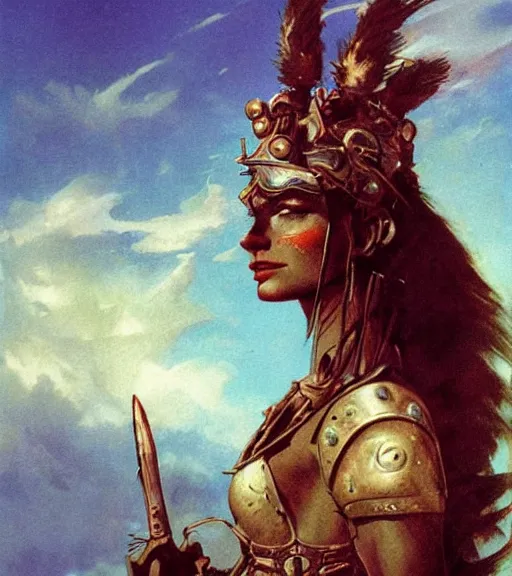 Image similar to mighty princess of the wasteland, scrap metal headdress, strong line, deep color, cloudy sky, beautiful! coherent! by brom, by frank frazetta, low angle