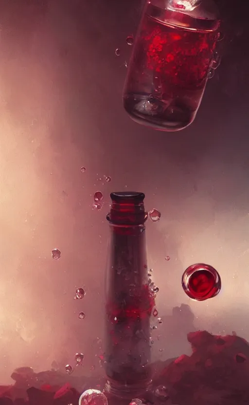 Image similar to a beautiful painting illustration of a health potion, scratched vial, bubbles, crimson, by greg rutkowski, featured on artstation, rpg item