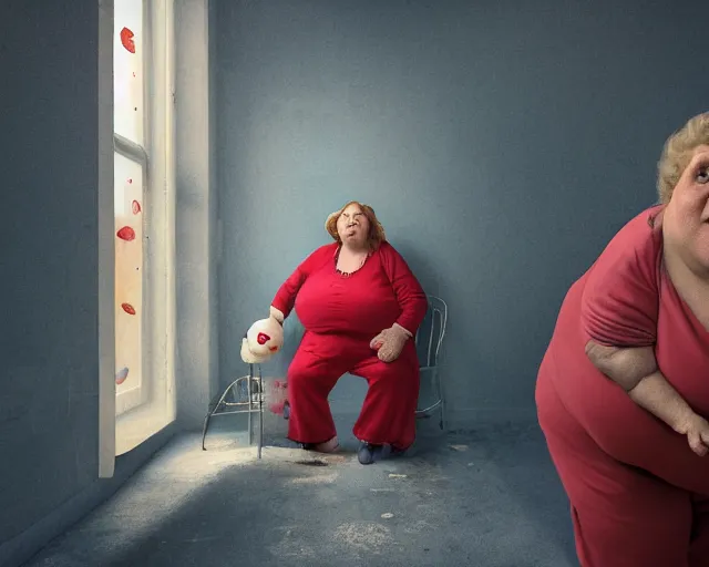Image similar to an innocent and beautiful scene in hyper realistic style, about an fat old woman, wearing a luxurious jumpsuit, and painting a huge colorful fish on the wall, lighting from the barred window. shadows. 4 k. wide angle. wild. red mouth, blue eyes. deep focus, lovely scene. ambient occlusion render. unreal engine.