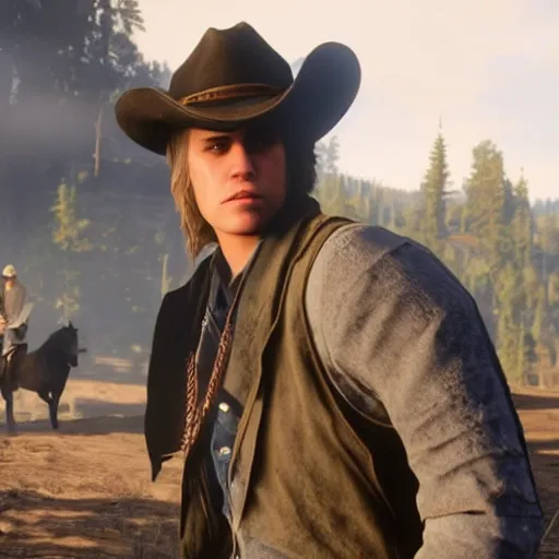 Prompt: gameplay footage of Justin Bieber in red dead redemption 2