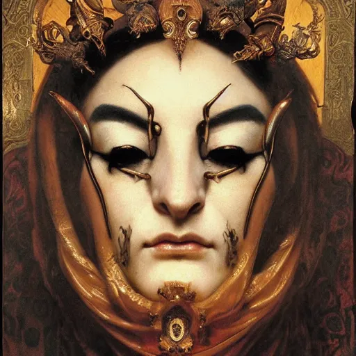 Prompt: hyper realistic painting of evil face venetian mask, gold ornaments, flowing fabric, intrincate detail, detailed faces by wayne barlowe, gustav moreau, goward, gaston bussiere and roberto ferri, santiago caruso, and austin osman spare, ( ( ( ( occult art ) ) ) ) bouguereau, alphonse mucha, saturno butto,