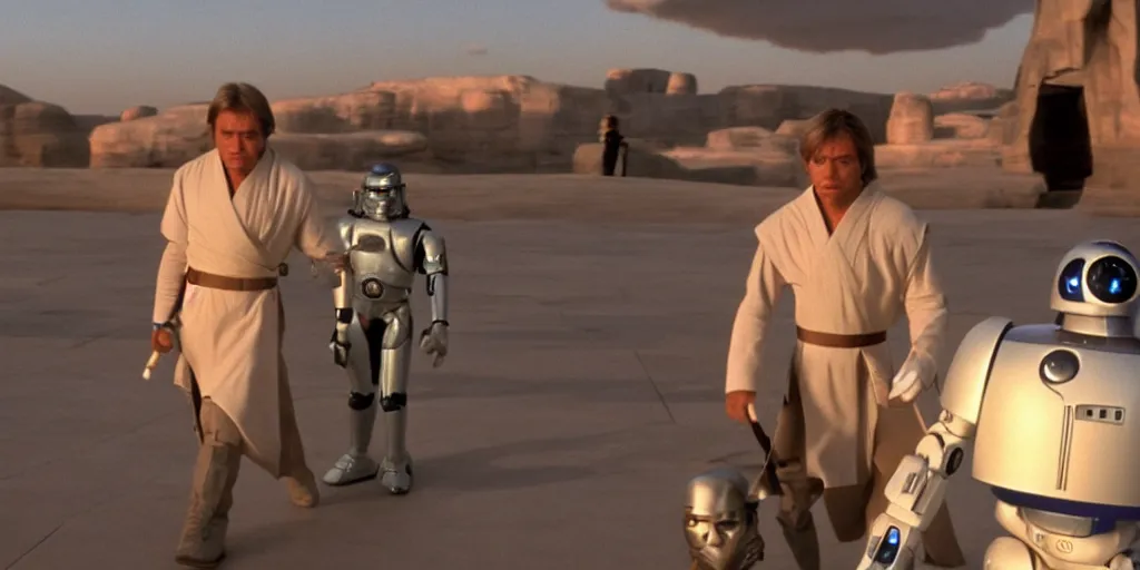 Prompt: A full color still of clean shaven Mark Hamill as Jedi Master Luke Skywalker walking with a humanoid robot, there are large windows showing a sci-fi city in the distance, at dusk, at golden hour, from The Phantom Menace, directed by Steven Spielberg, 1999