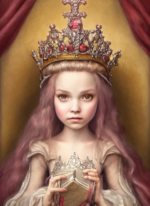 Image similar to highly detailed closeup portrait of a fairytale medieval princess wearing a crown and sitting on a throne, unreal engine, nicoletta ceccoli, mark ryden, earl norem, lostfish, global illumination, god rays, detailed and intricate environment