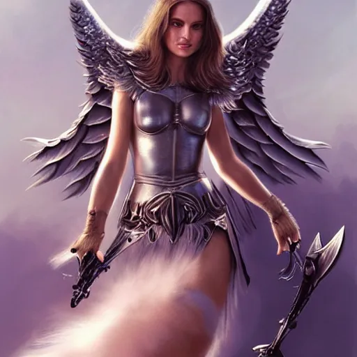 Image similar to portrait of Natalie Portman as a young aasimar angel valkyrie warrior girl maiden wearing comfy leather armor with beautiful feathered angel wings, blue eyes, beautiful face, Emily Ratajkowski, innocent, intricate, elegant, highly detailed, ultradetailed, hyperdetailed, artstation, concept art, smooth, sharp focus, illustration, art by artgerm and greg rutkowski and Rossdraws and Bluesssatan and Mandy Jurgens and alphonse mucha