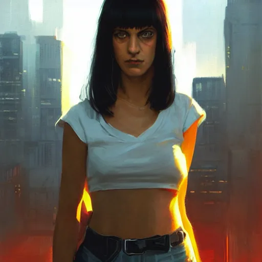 Image similar to portrait of a young mia wallace in front of a cyberpunk city, dramatic light, city background, sunset, high contrast, sharp, painted by stanley lau, painted by greg rutkowski, painted by stanley artgerm, digital art, trending on artstation