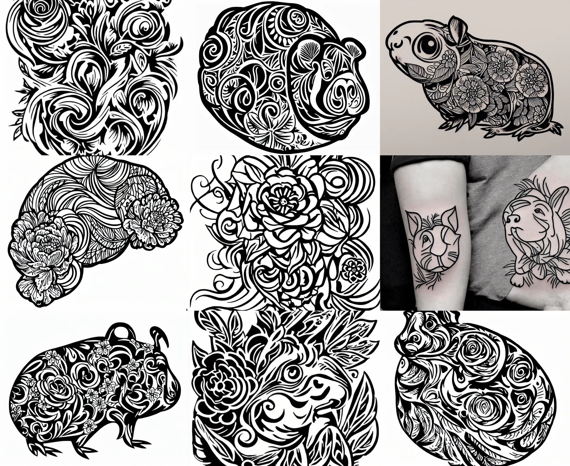 Prompt: detailed tattoo stencil bold lines, floral guinea pig