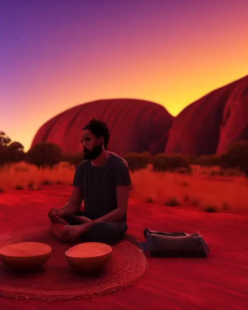 Image similar to close - up of man sitting at uluru playing medicine drum at campfire under cosmic night sky, global illumination radiating a glowing aura global illumination ray tracing hdr render in unreal engine 5, dramatic atmospheric volumetric lighting