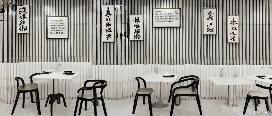Prompt: a beautiful simple interior 4 k hd wallpaper illustration of small roasted string hotpot restaurant restaurant pagoda hill, wall corner, from china, hill wall and white tile floor, rectangle white porcelain table, black chair, fine simple delicate structure, chinese style, simple style structure decoration design, victo ngai, 4 k hd