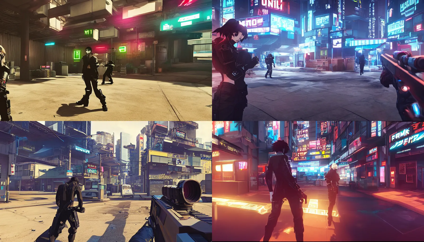 Prompt: a screenshot from a fps cyberpunk bank robbery game with anime style graphics inspired by Cowboy Bebop on unreal engine 5 by Capcom