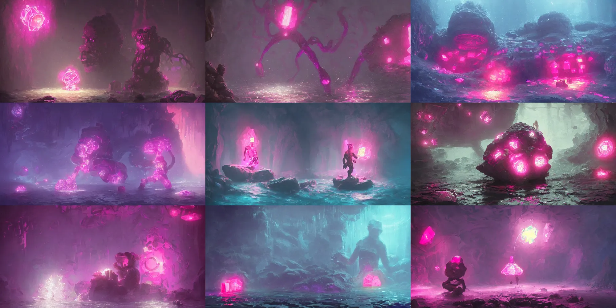 Prompt: golem made from crystal, bright pink purple lights, underwater, d & d, art by greg rutkowski