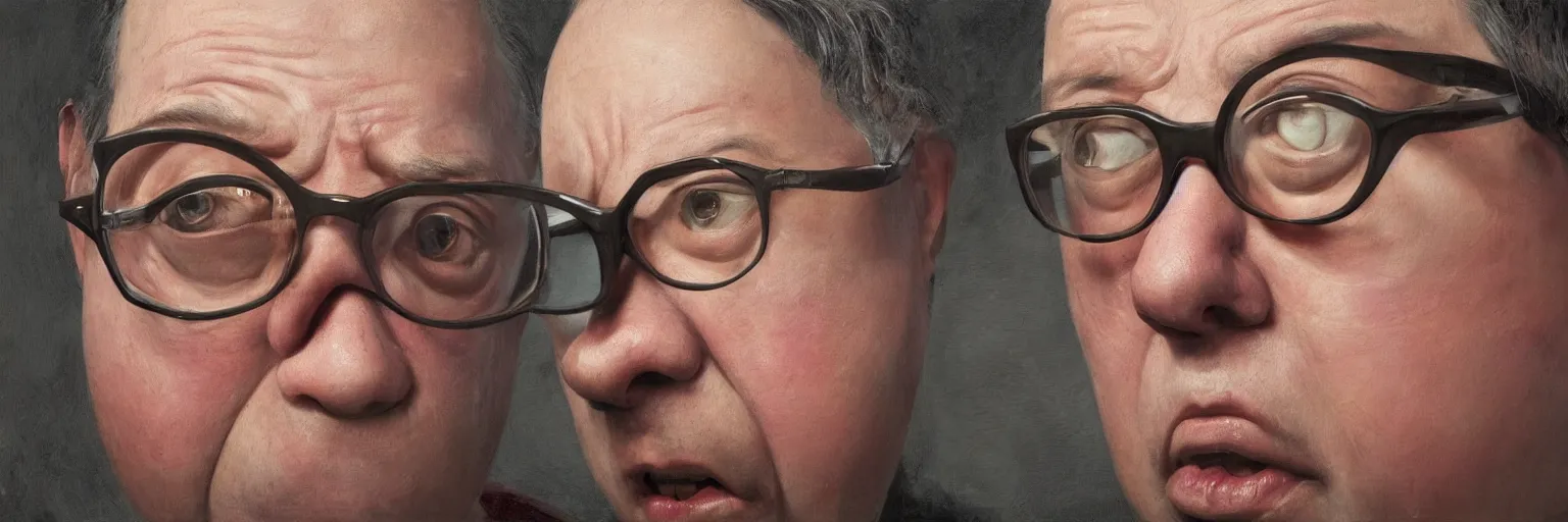 Prompt: colorful oil painting of character faces, realistic todd solondz crying, clear todd solondz face, glasses, disturbed, character sheet, fine details, concept design, contrast, kim jung gi, greg rutkowski and da vinci, 8 k, emotional, face turnaround 3 6 0, front view, back view, side view, ultra wide angle