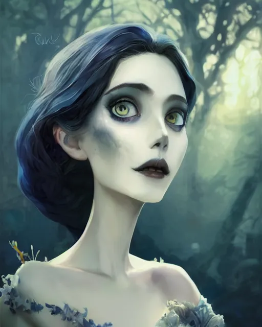 Image similar to elegant mysterious solemn zombie victoria everglot from the corpse bride, portrait, illustration, rim light, top light, summer clear blue sky, perfectly shaded, soft painting, art by krenz cushart and wenjun lin