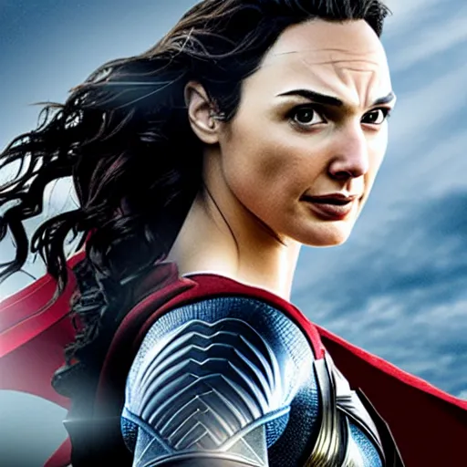 Image similar to an potrait of gal gadot play Man of Steel replacing Henry Cavill, photorealistic, high detail, photo studio, testing custom, 4k