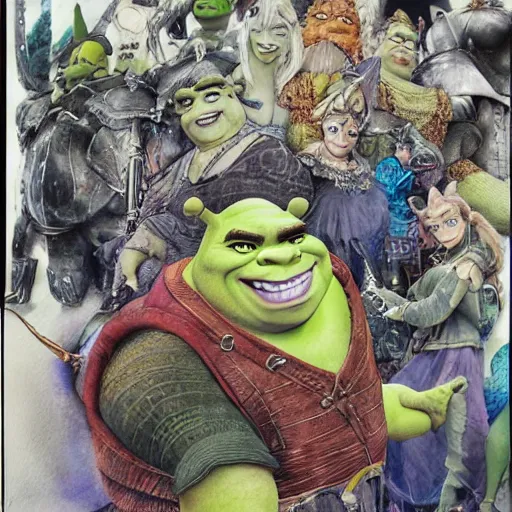Prompt: Shrek 2 illustrated by Yoshitaka Amano highly detailed watercolor