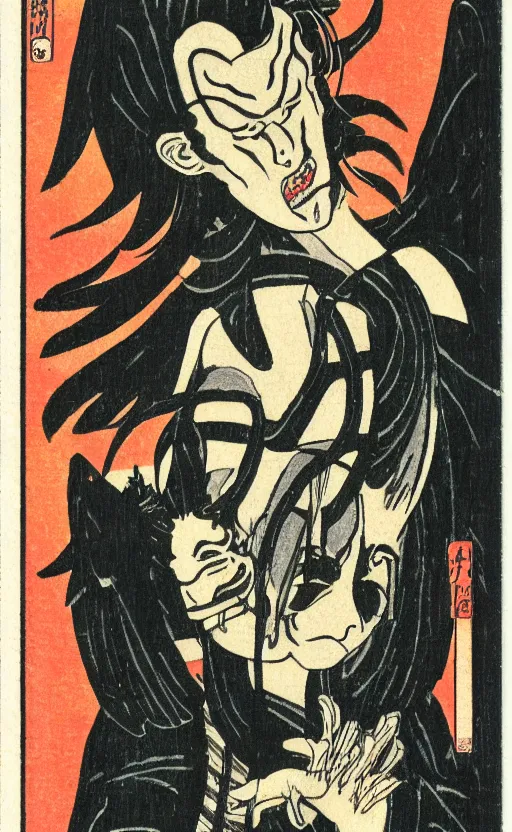 Image similar to by akio watanabe, manga art, portrait of japanese demon, local folkore, tomoe symbol, trading card front