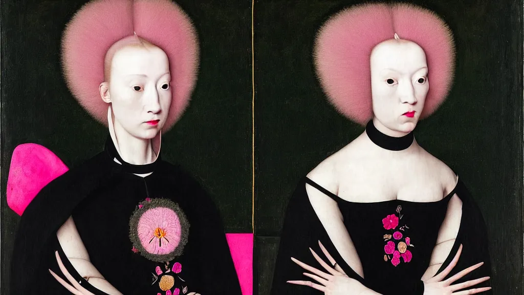 Prompt: symmetrical portrait of a woman with pink frizzy hair, wearing a embroidered black mask and a high collar black dress by balenciaga, standing in a botanical garden, bjork aesthetic, masterpiece, cyberpunk, in the style of rogier van der weyden and jacopo da pontormo, masterpiece, asian art