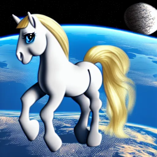 Prompt: a pony like a baby sits on the back of a large astronaut who is on all fours