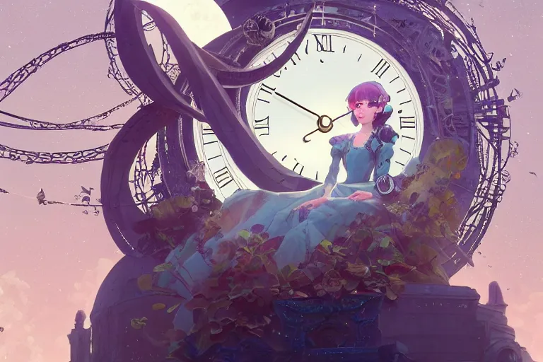 Prompt: close up of extremely beautiful aesthetic girl with dress made of lunar clock, sitting on top of the city tower, many mix of lunarpunk and clockpunk mechs, moon night, ultra detailed symmetrical face and ultra detailed eyes, intricate, rim light, sharp focus, trending artstation, unreal engine, by makoto shinkai and ferdinand knab and jeremy lipking