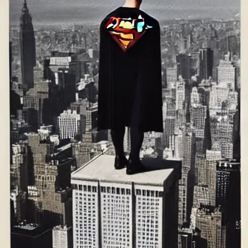 Prompt: superman from back sitting on chair standing on top of the empire state building strong stance photo by annie leibovitz