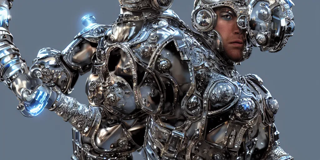 Prompt: muscles warrior wearing shiny armor made of sapphires, pearls, diamonds and more, with goggles, metal cheeks, cinematic shot, close up, rembeandt lighting, resolution beautiful detailed sci-fi glass door and massive sci-fi spaceship, in style of futurecore, shapes epic realistic, clear facial features, 8K, hyper detailed, Lumion render