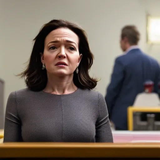 Prompt: Movie still of an furious, angry Sheryl Sandberg in the courtroom in Facebook The Movie (2017), directed by Steven Spielberg