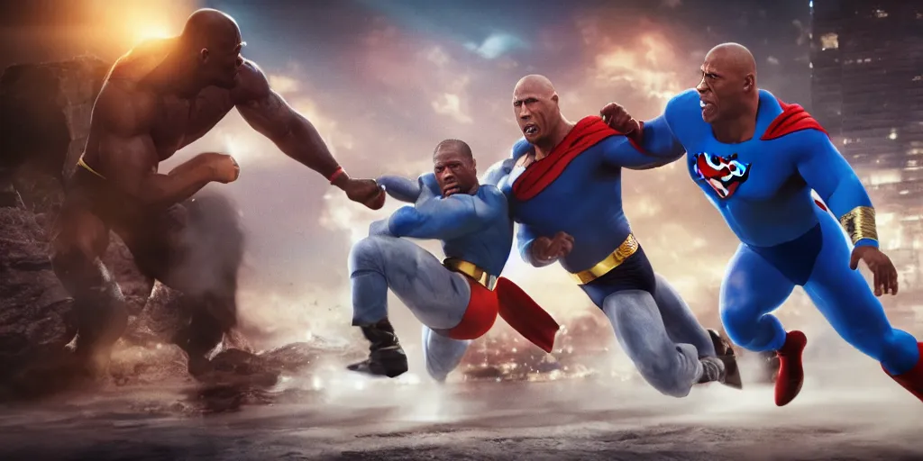 Prompt: kevin hart beating up the dwayne johnson in a superman costume, octane render, hyperdetailed