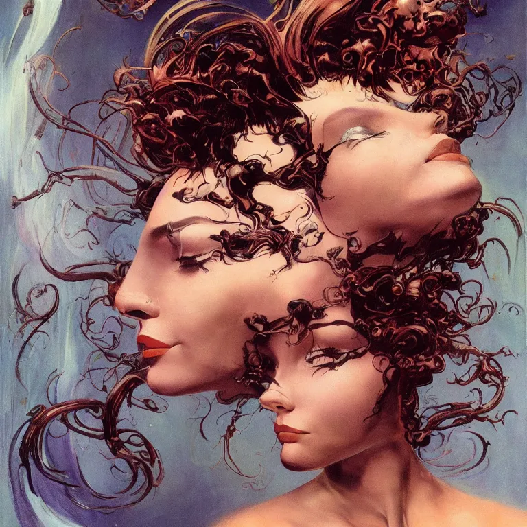 Prompt: portrait of a woman with swirling hair and fractal skin by frank frazetta, retrofuturism, c 1 2 + c 2 2 = h 2, psychedelic art reimagined by industrial light and magic