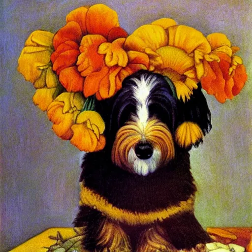 Image similar to portrait of a havanese dog with marigolds by diego rivera 1 9 3 5