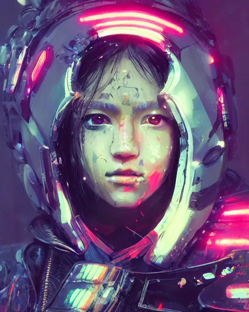 Image similar to detailed portrait Neon fighter Girl, cyberpunk futuristic neon, reflective puffy coat, decorated with traditional Japanese ornaments by Ismail inceoglu dragan bibin hans thoma greg rutkowski Alexandros Pyromallis Nekro Rene Maritte Illustrated, Perfect face, fine details, realistic shaded, fine-face, pretty face